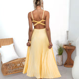 Elly Gelbes Plissiertes V-Ausschnitt Maxikleid